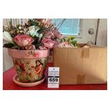 Hand Painted Decorative Flowerpot and Saucer with Floral Arrangement and Misc. Floral Items