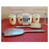 VTG Victorian Vanity Hand Mirror and Brush plus (4) Westland Plastics Inc. Plastic Storage Jars