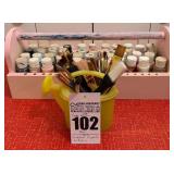Wooden Artist Craft Paint Caddy, Paints, and Paint Brushes