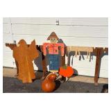 Wooden Holiday Figures, Wooden Sawhorses, and Large Solid Gourd