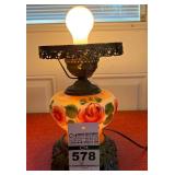 VTG Hand Painted Glass Parlor Lamp with Ornate Brass Base