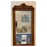Antique Craved Wooden Mirror with Ornate Scrollwork and Crest Top