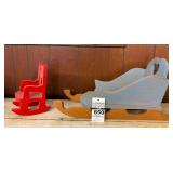 Painted Wooden Sleigh and Rocking Chair