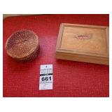 VTG Wooden Victorian Silhouette Jewelry Box plus a Round Woven Basket
