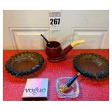 A Pair of VTG Fostoria Emerald Green Ribbed Ashtrays, Ceramic Pipe Bowl, and Vogue Cigarettes