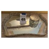 VTG Rectangle Ormulu Filigree Mirrored Vanity Tray with Glass Trinket