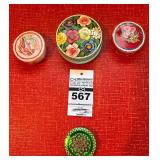Ornate Embroidered Chinese Black Tea Boxes (2) and VTG Riley's Metal Toffee and Baret Ware Tins