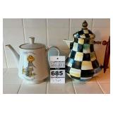 Mackenize-Childs Courtly Check Enamel Coffee Pot and Porcelain Holly Hobbie Tea Pot