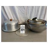 1950's West Bend Stamped Acorn Leaf Round Aluminum Cake Plate and Other Aluminum Kitchen Items