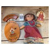 VTG Hand Painted Wooden Welcome Sign and Angel plus Cloth Doll
