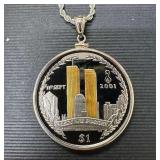 British Virgin Island Twin Towers $1 Coin Pendant Necklace