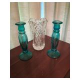 Heavy Cut Lead Crystla Vase and Teal Candle Holders