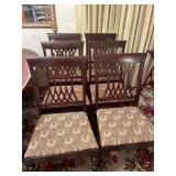 6 Dark Wood Dining Chairs with open Lattice Splat Back and Upholstered Seat