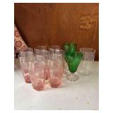 8 Vintage Chivalry Pink Drinking Glasses, 2 Green Goblets and Small Vase