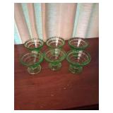 6 Green Vaseline Depression Glass Fruit Cups