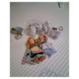 Assorted Lot Dolls, Childs Tea Set, Cow Creamer