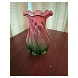 8" Vintage Hand-Blown Art Glass Vase with Pink-to-Green Swirl Pattern