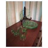 4 Green Depression Glass Snack Plates, Creamer and Sugar