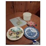 Kitchen Tupperware, Plates, Hot Pads And Cutting Board
