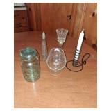 Candle Holders, Cruet and Blue Atlas Jar