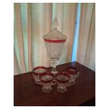 Indiana Glass Vintage Diamond Point Ruby Flash Footed Urn, Creamer, Sugar and 2 Cups