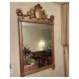 55”x29.5” Ornate 19th-Century French Louis XVI-Style Gilded Wood and Gesso Wall Mirror with Carved Crest and Medallion.