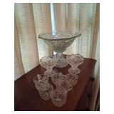 Vintage Pressed Glass Punch Bowl, 2 Compotes and Misc Cups (Punch Bowl is Cracked)