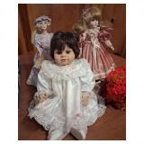 Assorted Dolls, 2 Porcelain and a Yarn Dog