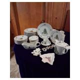 Holiday Hostess Christmas China Dinner Plates, 11 Saucers, 12 Cups, Coffee Pot, Napkins Rings