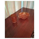 Fenton Carnival Glass Handled Candy Dish and Glass