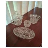 Vintage Imperial Glass Pressed Glass Oval Relish Dish, Cream and Sugar ”Starburst Diamond” Pattern
