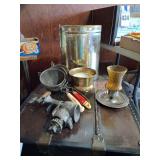 Large Tin Can with Lamp, Strainers, Brass Spitoon, and Grinder and Can