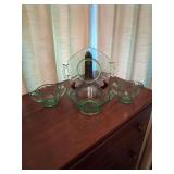 Green Vaseline Depression Glass Relish Plates, Bowl, Creamer and Sugar