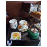 Assorted Kitchen, Plates, Bowls, Basket, Tea Pot