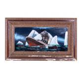 Mid Century Reverse Painted Glass Titanic Art