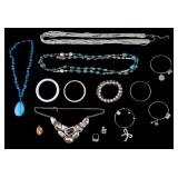 Tray of Costume Jewelry With Rhinestones and Turqu