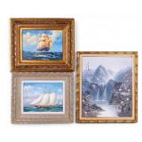 3 Paintings inclu Tall Ships, Asian Waterfall