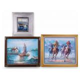Two Impressionist Boat Paintings & a Horse Racing
