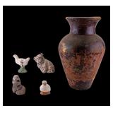 Redware Vase & Vintage Cement Garden Figurines