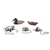 Canvasback Decoy, Tamaka Bird Figurine, & Traps