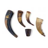 Early Powder Horns (4) + Container w/ Clip