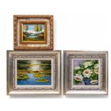 3 Paintings w/ Lake, Waterlillies, and Flowers