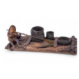 Antique Wood and Bronze Fisherman Desk Organizer