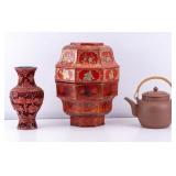 Chinese Wedding Box, Cinnabar Vase, & Clay Tea Pot