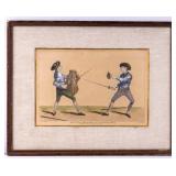 18th C Hand-Colored Engraving Sword Fighting