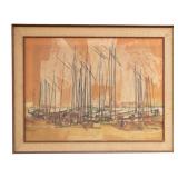 Signed Pastel Harbor Scene Painting