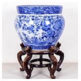 Asian Blue & White Porcelain Fish Bowl Planter