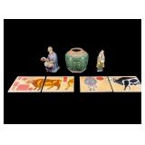 Chinese Jar, Mudmen Figurines, and Art Tiles