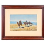 Signed Orientalist Watercolor of Camel Caravan