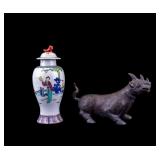 Chinese Famille Rose Lidded Vase + Pottery Beast